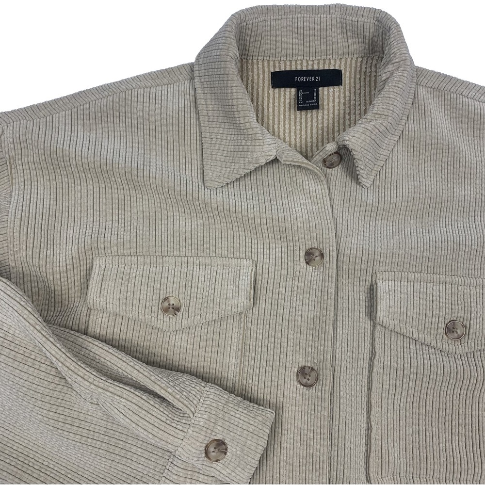 Forever 21 Corduroy Shirt Jacket Women's Medium Cream Button Up Shacket Pockets